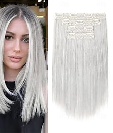 abordables -Extensions de cheveux courts à clips, 4 pièces, postiche synthétique lisse et doux, pour femmes - gris argenté