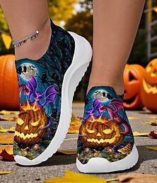 preiswerte -Damen-Slip-On-Schuhe mit Kürbis-Halloweenmotiv – blaue Flyknit-Sneaker mit Kürbislaternen-Design für gruselige Nächte, Spukveranstaltungen und herbstliche Mottoausflüge Sarah Richter
