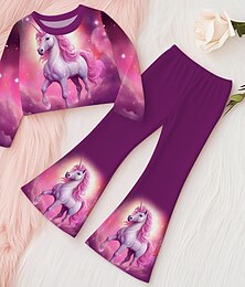 voordelige -Voor meisjes 3D Eenhoorn Set Set met sweatshirt en flare-broek Lange mouw 3D-afdrukken Herfst Winter Actief Modieus Dagelijks Polyester Kinderen 3-12 jaar Strakke ronde hals Buiten Afspraakje Vakantie