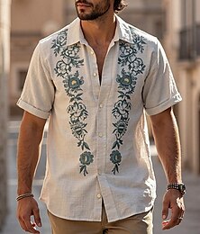 economico -Per uomo Camicia Camicia Estiva Camicia casual Camicia da Spiaggia Camicia con Bottoni Cachi chiaro Kaki Beige Manica Corta Floreale Bavero Vacanza Camicia hawaiana Stampato Abbigliamento Poliestere