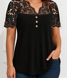 preiswerte -Damen Spitzenbluse Einfarbig Stilvoll Lässig Kurzarm V Ausschnitt Normale Oberteile Täglich Spitze Patchwork Knöpfe Schwarz Wein Purpur Sommer Frühling