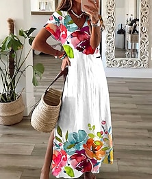 billige -Dame Maxikjole Uformell kjole Solkjole Kjole med A-linje Elegant Ferie Fritid Ferie Strand Normal Nyanse Blomstret Grafisk Kortermet V-hals Hvit Sommer Vår