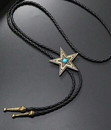 abordables -Corbata bolo con estrella occidental para hombre con centro turquesa, metal bronce antiguo o plateado, cordón de cuero trenzado ajustable, corbata de rodeo vaquera vintage para conciertos campestres, bodas y uso diario.