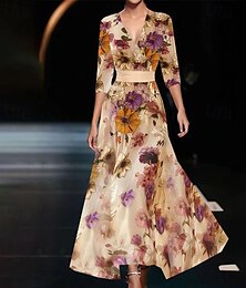 preiswerte -Damen Langes Kleid Maxikleid Druckkleid Mode Outdoor Date Ausgehen Normale Passform Blume Halbarm V Ausschnitt Khaki Sommer