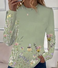 abordables -Mujer Camiseta Floral Casual Manga Larga Cuello Barco Tops regulares Diario Estampado Verde salvia Morado Beige Gris Primavera Otoño