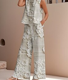 economico -Completo due pezzi elegante da donna, stile streetwear, con camicetta, gilet, pantaloni, senza maniche, girocollo, casual, da lavoro, per attività all'aperto, con stampa floreale, per le vacanze, quotidiano, verde, estivo, vestibilità regolare.