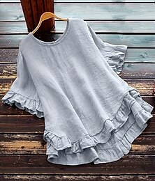 economico -Per donna Camicie di cotone e lino Tinta unica Essenziale Casual Manica Corta Girocollo Top Regolari Quotidiano Volant Bottoni Bianco Giallo Rosa Vino Grigio Estate Primavera