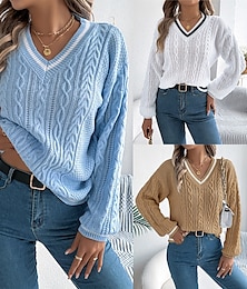 abordables -Femmes Pull Occasionnel Bloc de Couleur Côtelé Col en V Patchwork Tricoté manche longue Hauts Réguliers Tricoter Quotidien Fête Sortir Blanche Bleu Automne