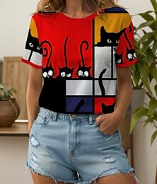 abordables -Mujer Camiseta Graphic Geométrico Gato Vintage Elegante Clásico Manga Corta Cuello Barco Escote Redondo Tops regulares Diario Fin de semana Estampado Amarillo Rojo Azul Piscina Verano Primavera