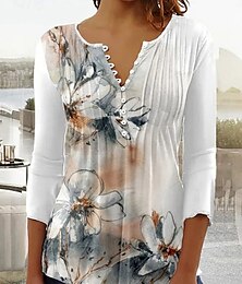 economico -Per donna Blusa Floreale Quotidiano Elegante Manica 3/4 Girocollo Top Regolari Quotidiano Ferie Bottoni Stampato Bianco Estate Primavera