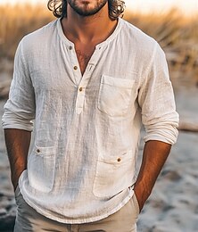economico -Per uomo Camicia Camicia di lino Camicia Estiva Camicia da Spiaggia Tinta unica Vacanza Casuale Nero Bianco Azzurro Manica Lunga Henley Abbigliamento Tasche Multiple
