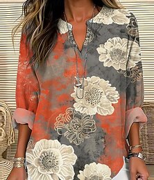 economico -Per donna Camicia Floreale Elegante Moderno Manica Lunga Scollo a V Top Regolari Quotidiano Ferie Bottoni Stampato Rosso Viola Estate
