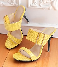 abordables -Sandales à talons hauts jaunes à motif crocodile pour femmes avec bride à boucle - Chaussures de soirée audacieuses à bout ouvert pour la vie nocturne, les clubs et les événements estivaux
