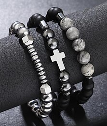 economico -Set di braccialetti con perline di ossidiana e croce da uomo - perline di ossidiana opaca multistrato e metallo con decorazione in pietra preziosa grigia, design elastico, stile bohémien, adatto per l'uso quotidiano o per uscite informali