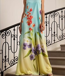 abordables -Mujer Blanco Champaña Azul Piscina Verano Primavera Vestido maxi Vestido de una línea Vacaciones Casual Estilo playero Formal Boda Uso Diario Ajuste regular Floral Graphic Cuello Barco