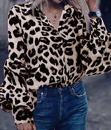 economico -Per donna Camicia Leopardo Elegante Casual Manica Lunga Colletto a Camicia Top Regolari Quotidiano Bottoni Stampato Marrone Grigio Primavera Autunno