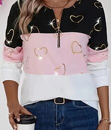abordables -Suéter de mujer con cremallera de cuarto corazón geométrico rayas casual de manga larga cuello redondo tops regulares ropa diaria urbana estampado casual rosa otoño invierno