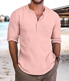 economico -Per uomo Camicia Camicia di lino Camicia Estiva Camicia da Spiaggia Tinta unica Vacanza Casuale Nero Rosa Verde Azzurro Manica Lunga Henley Abbigliamento