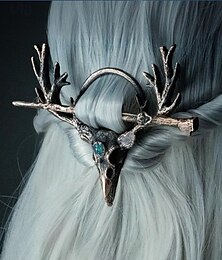 economico -Fermaglio per capelli da donna con corna di cervo gotiche – forcina vintage in lega con teschio di cervo e pietra blu per feste di Halloween, cosplay e occasioni retrò