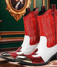 economico -stivali da cowboy western rossi e bianchi da uomo: design audace a contrasto con cuciture classiche, calzature di tendenza per eventi country e feste a tema