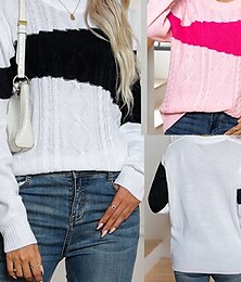 abordables -Femmes Pull Occasionnel Bloc de Couleur Épais Col ras du cou Tricoté manche longue Hauts Réguliers Tricoter Quotidien Fête Sortir Blanche Rose Claire Printemps Automne