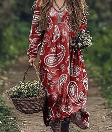 economico -Per donna Abito maxi Abito a trapezio Vacanza Casual Boho Uscire Spiaggia Vestibilità comoda Floreale Grafico Paisley Manica Lunga Scollo a V Rosso Blu Verde Grigio Estate Primavera