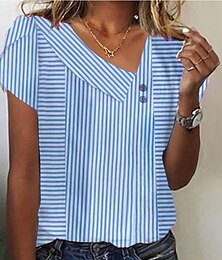 abordables -Mujer Blusa Graphic A Rayas Elegante Casual Manga Corta Asimétrico Tops regulares Diario Festivos Botones Blanco Rojo Azul Piscina Verano Primavera