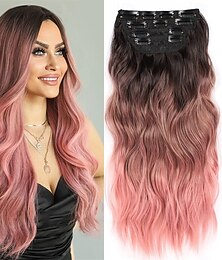 baratos -Extensões de cabelo de 20 polegadas com clipe, extensões de cabelo sintético longo e ondulado, extensões de cabelo rosa grosso com clipe, extensões de cabelo de trama dupla para mulheres