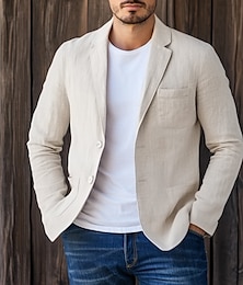 economico -Da uomo Blazer di Lino Giacca Sportiva Vacanza Casuale Moda Quotidiano Primavera & Estate Lino Cotone e Lino Tinta unica Comodo Monopetto due bottoni Giacca Beige
