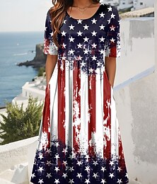 Недорогие -Женское патриотическое миди платье летнее плиссированное отпускное повседневное праздничное свободного кроя графика полосатый американский флаг полурукав круглый вырез красное синее темно-синее лето