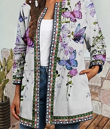 preiswerte -Damen Freizeitjacke Warm Bequem Tasche Mode Modern Blumen Straße Ausgehen Regulär Kragenlos Normale Passform Langarm Oberbekleidung Rote Purpur Orange Herbst Winter