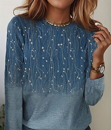 abordables -Camiseta de mujer elegante moda básica estampado floral manga larga tops regulares cuello redondo vacaciones fin de semana azul fucsia gris azul claro otoño&amp; invierno