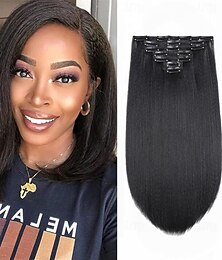 levne -14 palcové kudrnaté rovné clip-in prodlužování vlasů přírodní černé 7 ks bezešvé yaki rovné clip-in vlasy pro černošky 100g yaki rovné syntetické vlasy po celé hlavě