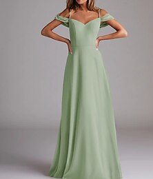 economico -Abito da Sposa A-Line Spaghetti Manica Corta Elegante Lungo a Terra Chiffon con Colore Solido