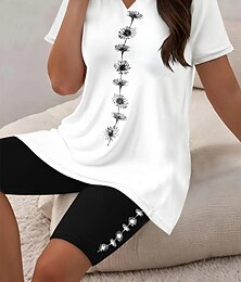abordables -Femmes Mode T-shirt Ensembles de Shorts Manche Courte Col en V Graphique Dégradé Rayé Imprimé Décontracté Quotidien Noir Blanche Été Coupe Ample