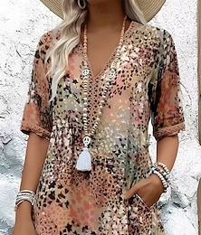 abordables -Femmes Robe Midi Robe Fleurie Robe Imprimée Classique Moderne Extérieur Vacances Sortir Coupe régulière Fleur Manche Courte Col en V Bleu Kaki Rose rouge Été