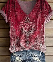 ieftine -Pentru femei Tricou Grafic Imprimeu Paisley Epocă Stilat Clasic Manșon scurt În V Topuri obișnuite Zilnic Imprimeu Negru Roșu-aprins Portocaliu Violet Gri Vară Primăvară