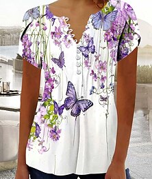 abordables -Mujer camisa boho Ombre Floral Graphic Bohemia Vintage Diario Sin Mangas Manga Corta Cuello con muescas. Tops regulares Diario Festivos Ropa de vacaciones Volante Fruncida Verde salvia Negro Rojo