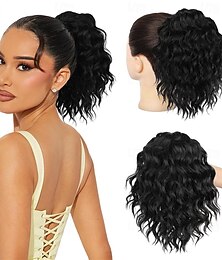 זול -הארכת קוקו 10 קליפס קצרים ומתולתלים הארכת קוקו לנשים שחורות תוספות שיער סינתטיות גליות ורכות ורכות, שחורות טבעיות