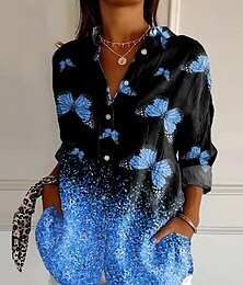 abordables -Mujer Camisa Ombre Graphic Mariposa Diario Elegante Casual Manga Larga Cuello Camisero Tops regulares Diario Festivos Botones Estampado Rosa Azul Piscina Morado Naranja Gris Verano Primavera
