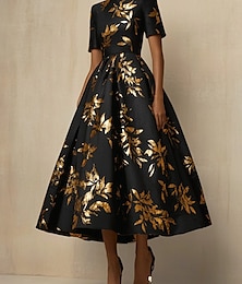 economico -Abiti da cocktail A-line bianchi e in oro abito elegante formale per matrimoni lunghezza tè maniche corte scollo barca satin con stampa