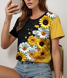 economico -Per donna Maglietta Floreale Grafico Piante Vintage Elegante Classico Manica Corta Girocollo Top Regolari Quotidiano Stampato Bianco e nero Giallo Blu Viola Fucsia Estate Primavera