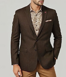 economico -Blazer da uomo in tweed di lana vintage da ufficio, tinta unita, marrone, grigio scuro, vestibilità standard, monopetto, due bottoni