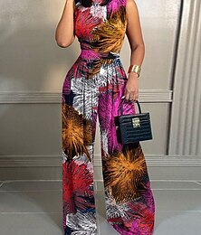 abordables -Femmes Normal Combinaison Actif Fleuri Sans manches Jambe large Col rond Taille haute Imprimé Vacances Quotidien Coupe régulière Rose Claire bleu marine Bleu Été