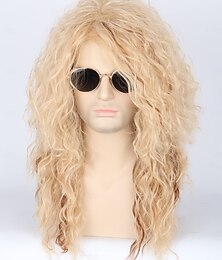abordables -Perruques Mullet pour Hommes et Femmes Années 70 80 Perruques Rocker Heavy Metal Perruques Amusantes Blonde Grands Boucles Costume Halloween