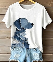baratos -Mulheres Camiseta Gráfico Animal Cachorro Vintage à moda Clássico Manga Curta Gola Redonda Tops regulares Diário Final de semana Imprimir Preto Branco Rosa Azul Verde Verão Primavera