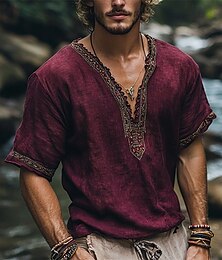 economico -Per uomo Camicia di lino Camicia Estiva Camicia vintage Camicia a Maniche Corte Camicia etnica Patchwork Vacanza Streetwear Fucsia Manica Corta Scollo a V Estate Abbigliamento Etnico / religioso