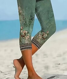 billige -Dame Leggings Ferie Årgang Etnisk stil Kalv lengde Høy Midje Blomstret Grafisk Pustende Hurtigtørkende Myk Elastisk utendørs Feriereise Avslappet Grønn Sommer Vår Slank Fasong
