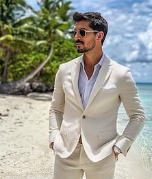 economico -Abiti da uomo in lino, estivi, da matrimonio, casual, beige, da tutti i giorni, leggeri, tinta unita, vestibilità standard, 2 pezzi, monopetto, un bottone.