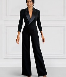 abordables -Combinaison Blazer Noire Mère de la Mariée Invité de Mariage Élégante Minimaliste Col Longueur de Sol Tissu Élastique Manches Longues avec Boutons Couleur Unie